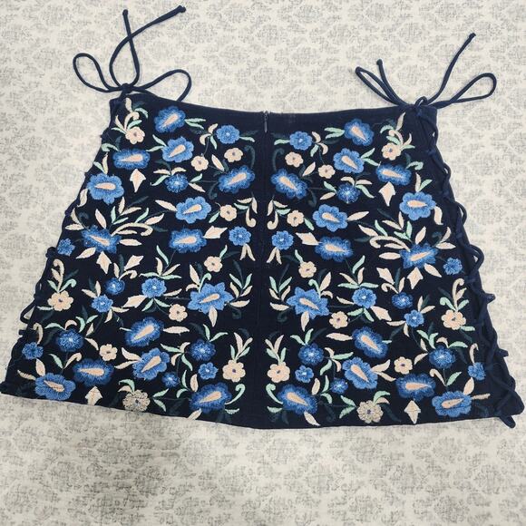 Zara Navy Embroidered Floral Lace Up Mini Skirt Size Small - Picture 7 of 7